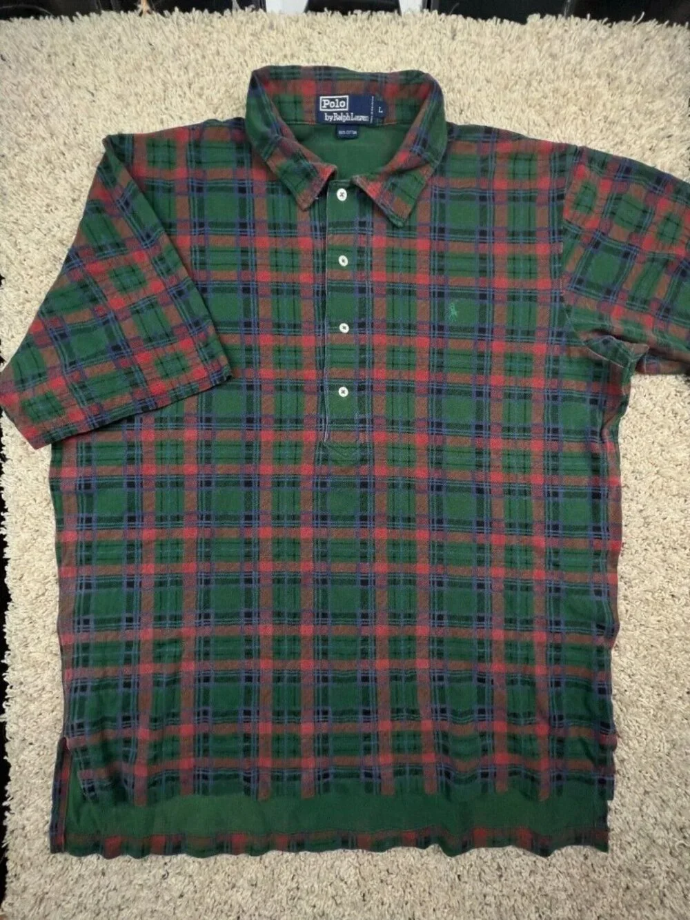 Polo Ralph Lauren Cotton Short Sleeve Polo Shirt w Pony Large Plaid Green Red
